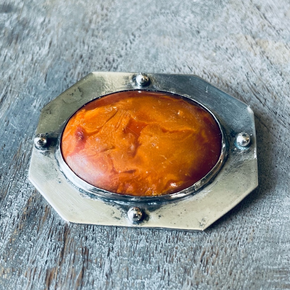 Antique Vintage sterling silver large brooch orange agate gemstone